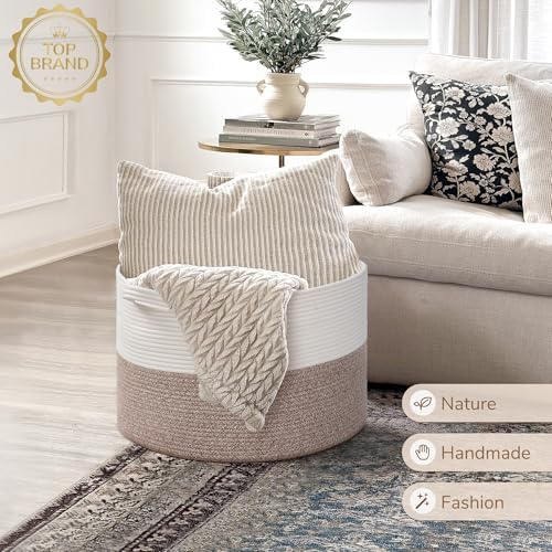 INDRESSME Large Woven Rope Blanket Basket Living Room Brown, 65L - Image 7