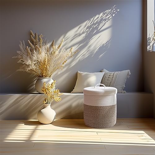 Lidded Storage Basket, Medium Brown & White Cotton Rope Basket - Image 3