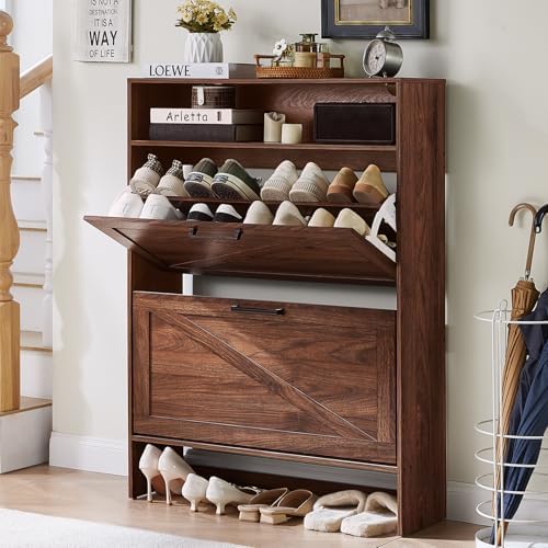 RWYHG Shoe Cabinet with 2 Flip Drawers, Narrow Entryway Organizer,Walnut by RWYHG