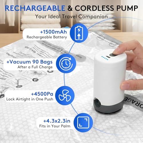6 Packs Vacuum Bags for Travel with Rechargeable Pump, 3 Sizes Heavy Duty Vacuum Seal Bags for Clothing, Compression Vacuum Travel Bags for Luggage, Vacuum Packing Bags for Closet Organization - Image 3