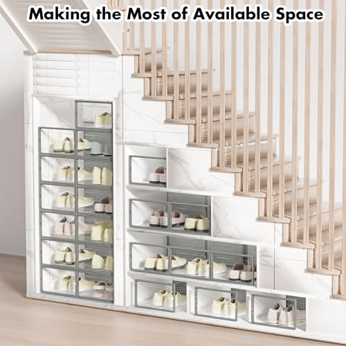 Foluck Shoe Storage Box, 15 Pack Clear Plastic Stackable Organizer for Closet, Interlocking Design Shoes Container Bins for Sneakers, Foldable Shoe Rack with Lids, Grey - Image 7
