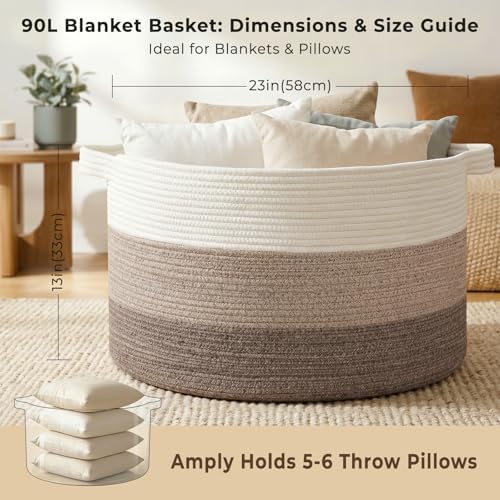 OIAHOMY 90L Extra Large Blanket Basket - Decorative Cotton Rope Storage Basket for Bedroom, Living Room & Nursery - Woven Laundry Hamper for Organizing Blankets, Clothes & Toys - Gradient Brown - Image 2