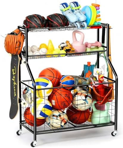 Kinghouse Sport Equipment Organizer for Garage, Steel Basketball Rack with Bat Holder and Hooks, Easy Assembly Storage for Balls, Kids' Toys, Workout Gear, Home Gym, Outdoor by Kinghouse