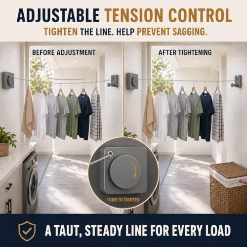 Retractable Clothesline Indoor & Outdoo, Non-Sagging Heavy-Duty Stainless Steel Clothes Line for Apartments, Bathrooms, Balconies, Space-Saving 16.7Ft Laundry Line (Grey, Single Line) - Image 3
