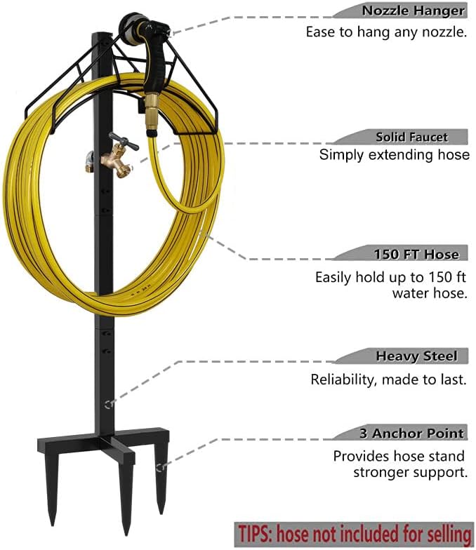 Artigarden Freestanding Outdoor Garden Hose Holder Stand with Brass Faucet, Heavy Duty Metal Water Hose Reel Storage Stake Rack for Backyard, Black (Hose not Included) - Image 2