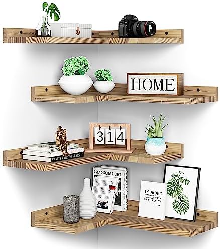 4 Tier Floating Corner Shelves Set of 4, Rustic Pine Wood Floating Corner Wall Shelf for Wall Décor Storage, L Shaped Corner Shelf Wall Mount for Bedroom,Living Room,Bathroom,Kitchen,Carbonized Black. by Eostbe