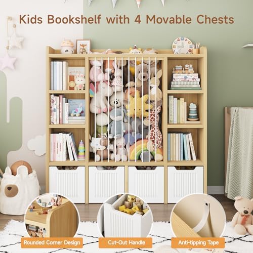 ONBRILL 3-in-1 Toy & Stuffed Animal Storage, 4 Movable Toy Chest, Natural - Image 4