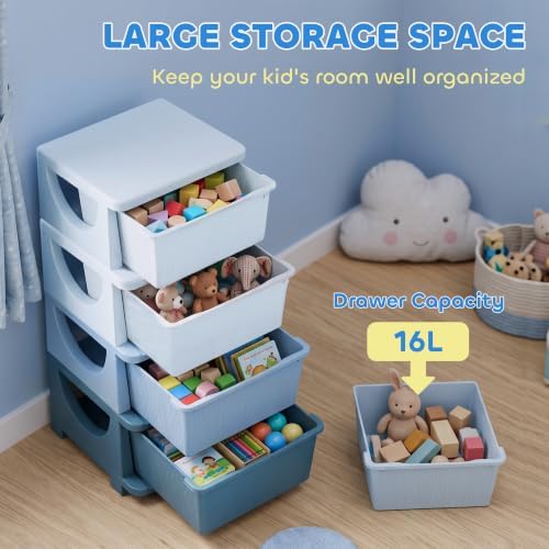 Qaba 4 Drawers Kids Storage Unit 4 Tier Toy Organizers Blue - Image 4