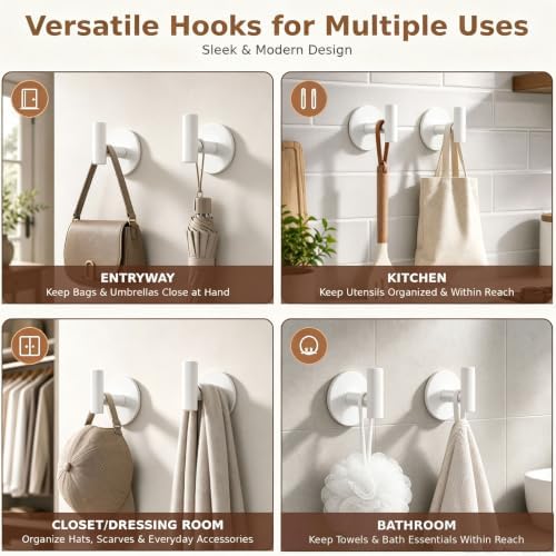Heavy Duty Towel Hooks, Stainless Steel White Adhesive Hooks for Coat, Bags, Towels, Robes, Hats, Aprons – No Drill Bathroom, Kitchen, Hotel Wall Hooks (4 Pack) - Image 4