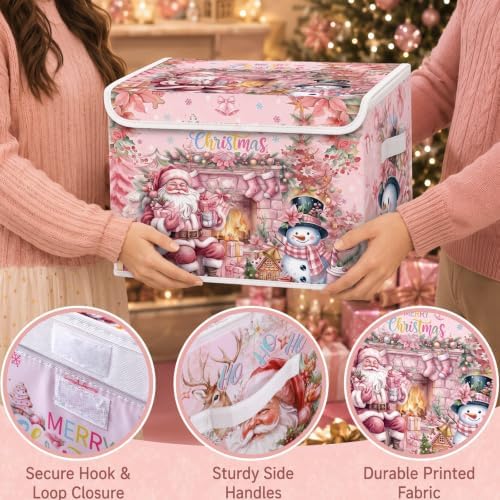 Briwooody Pink Christmas Storage Bin with Lid and Carrying Handle Pink Santa Claus Foldable Storage Box Large Snowman Collapsible Container Basket for Organizing Closet Home Bedroom Xmas Gift - Image 3