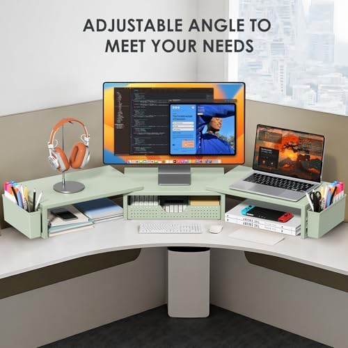 OPNICE Desk Organizers and Accessories, Dual Monitor Stand Riser with Drawer and 2 Pen Holders, Desk Shelf Computer Racks & Printer Stand for Office Workspace Organizers, Desktop Organization (Sage Green) - Image 5