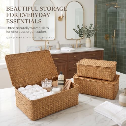 Decorative Wicker Storage Boxes with Lids - Set of 3 Seagrass Organizers - Image 5