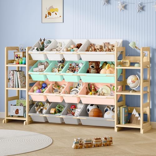 EXPERLAM Extra Large Toy Storage - Toy Storage Organizer, Wooden Toy Organizer with 6 Side Shelves and 16 Bins, 3-in-1 Bookshelf for Kids Rooms, Playroom, Nursery, Multi by EXPERLAM