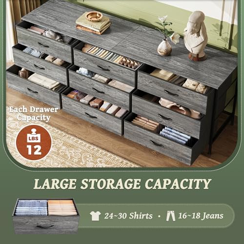 Huuger 63 Inch Dresser for Bedroom, Long Dresser for Closet with 9 Drawers, Large TV Stand for 55, 65, 70 Inch TV, Entertainment Center with Storage, Wide Chest of Drawers, Grey - Image 4