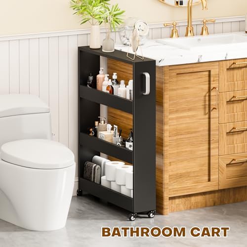 Slim Storage Cart, Lightweight 4 Tier Metal Rolling Utility Kitchen Cart on Wheels, Mobile Storage Shelving Unit Organizer for Bathroom Laundry Office Narrow Places (4 Tier-Black, 6" D) - Image 6
