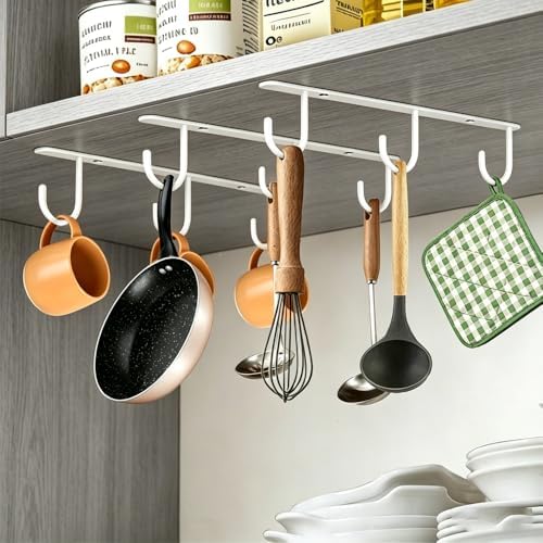 3pcs Mug Hooks,Under Cabinet Mug Holder, Coffee Cups Hook,Mug Hanger Organizer Rack with 9 Hooks for Displaying Mugs, Cups and Kitchen Utensils (White) - Image 3