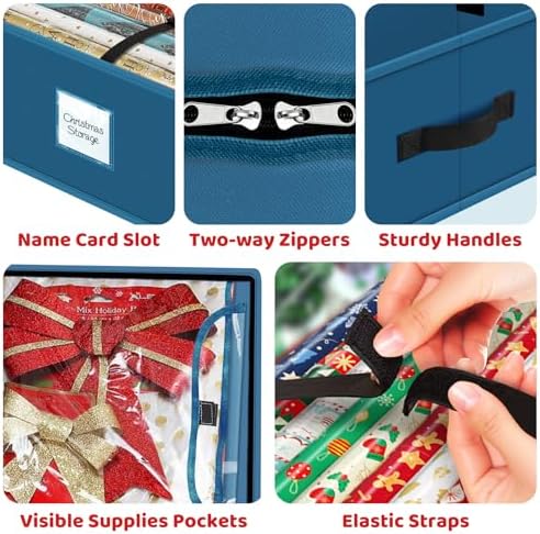 Fabspace Christmas Wrapping Paper Storage Containers, 40 Inch Gift Wrap Organizer, Visible Supplies Pockets for Xmas Accessories, Underbed Storage for Christmas Decorations, Blue - Image 5