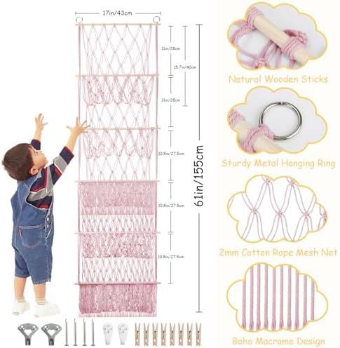 5 Tier Stuffed Animal Storage Shelf Net, 17x61'' Plushie Storage, Pink - Image 2