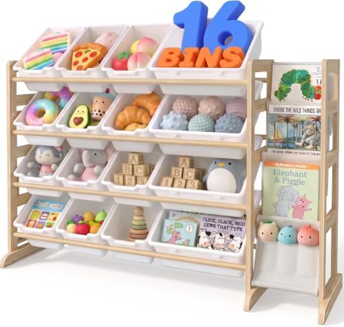 NUTIKAS Toy Storage Organizer with Bookshelf - Wooden 16 Bins Kids Toy Organizer Rack, Solid Pine Wood, Toys Box for Toddler, Playroom, Living Room, Bedroom, Nursery by NUTIKAS
