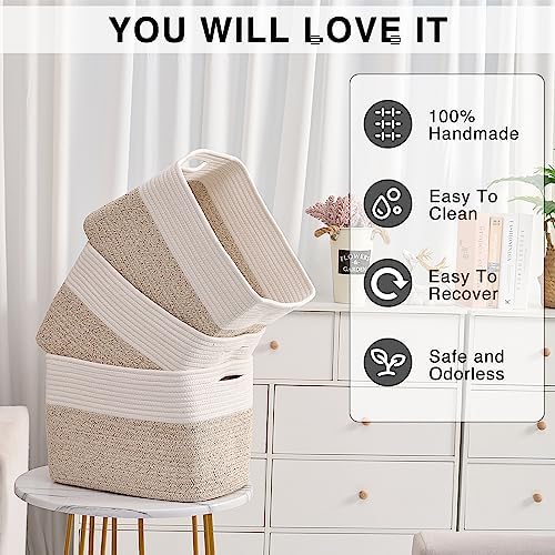 ICERZCZ Storage Baskets for Organizing, Woven Cotton Rope Basket for Storage Books, Baby Organizing Baskets, Toy Storage Basket, 15"x11"x9.5", 3 Packs, Off White & Brown - Image 5