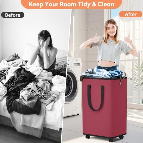 SpaceTrove Rolling Laundry Basket with Wheels, Laundry Hamper, 80L, Red - Image 3