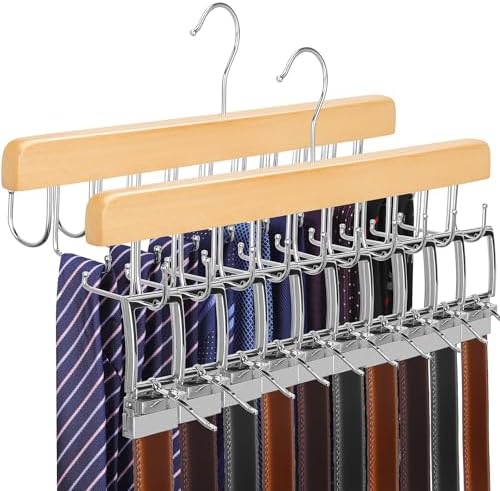 TOPIA HANGER 2 Pack 2 in 1 Belt Tie Hanger for Closet Max 60 Belts with 60 Ties Capacity, 20 Hooks Belt Tie Racks Wooden Hanger for Closet Organizer Space Saving “U” Fit Belt and “一” Fit Tie - CT59N by TOPIAHANGER