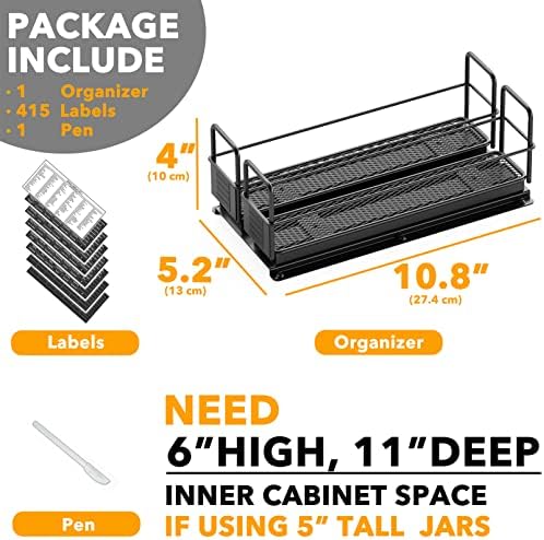 SpaceAid Pull Out Spice Rack Organizer for Cabinet, Heavy Duty Slide Out Seasoning Kitchen Organizer, Cabinet Organizer, with Labels, 5.2" W x10.8 D x4 H, 2 Drawers 1-Tier - Image 6