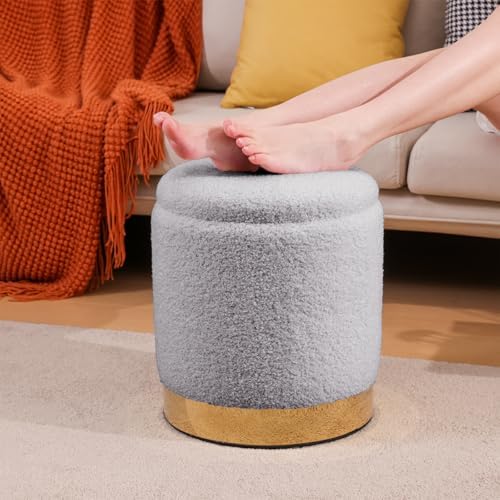 Round Ottoman with Storage Set of 2 Gray Teddy Vanity Stool - Image 3