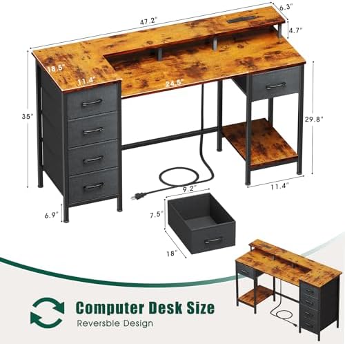 Korfile 47 Inch Computer Desk with Power Outlets,LED,5 Drawers,Rustic Brown - Image 2