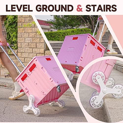 Nedcart Rolling Crate with Stair Climbing Wheels, Foldable Utility Cart with Detachable Lid & Telescoping Handle, Portable Rolling Cart Tote Basket for Teacher Upstairs Grocery Shopping - Image 2