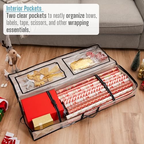 VENO Clear Wrapping Paper Organizer Storage Box for Christmas Gift Bags and Holiday Accessories, Underbed Storage Container with Interior Pockets, 40 Inches Long Fits 24 Rolls - Image 4
