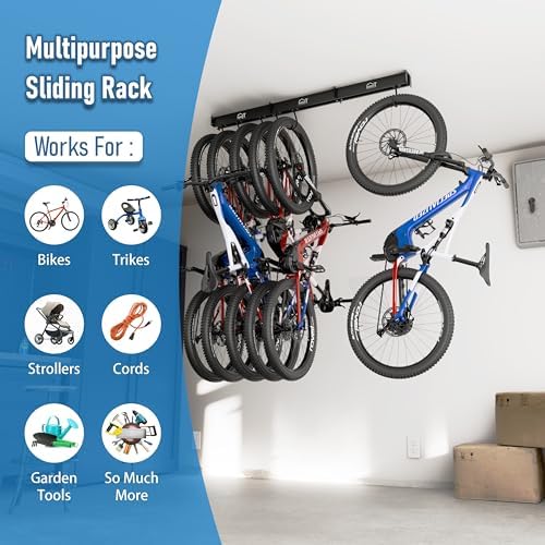 USA Based Ceiling Bike Rack Garage Storage Mount, Bicycle Hanger For Up To 6 Bikes, Sliding 51" Heavy Duty Hook Racks With Padded Hanging Mounts, Hooks Hangers (Black, 1 Rail - 2 Hooks) - Image 3