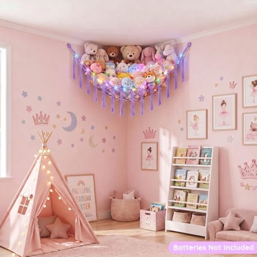 Basumee Stuffed Animals Hammock with LED Light Corner Net, Girls Room Decor - Image 4