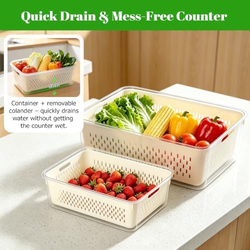 KUK 5 Pack Fruit Storage Containers for Fridge, Stackable Leakproof Food Keeper with Removable Colander, BPA-Free Produce Saver for Vegetables, Berries & Meat - Image 6