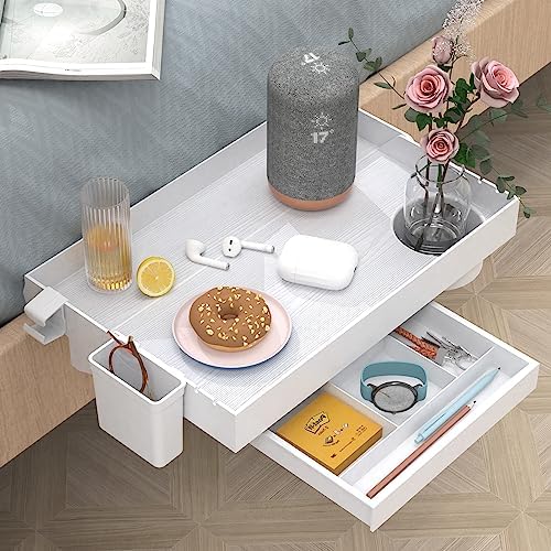 Ronlap Folding Bedside Shelf Bunk Bed Shelf Organizer for Top Bunk Clip On Bed Side Shelf Tray for College Dorm Loft Plastic Bedside Nightstand with Cup Holder, Small Size with Drawer, White by Ronlap