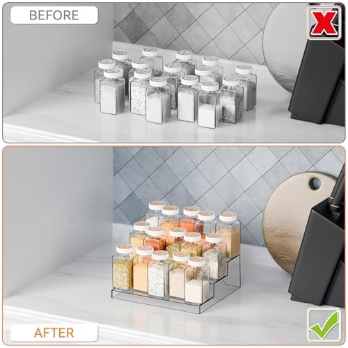 Yieach 2 Pack 3 Tier Clear Acrylic Spice Rack Organizer for Cabinet and Pantry Shelf - 10.3″L Small Tiered Spice Rack and Step Shelves for Vitamin,Medicine Bottle,Jar,Can,Seasoning,Condiment Organizer - Image 5