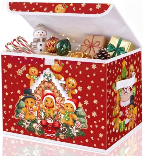 Briwooody Christmas Gingerbread Storage Bin with Lid and Carrying Handle Gingerbread Man Foldable Storage Box Large Xmas Decorative Collapsible Container Basket for Organizing Closet Home Bedroom Gift by Briwooody