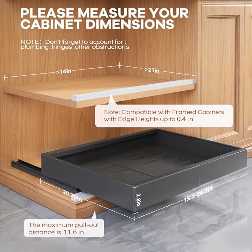 Seinloes 4 Pack Expandable Pull Out Cabinet Organizer 21"Deep With Raising Pad for Framed Cabinets,Upgrade 3 Slide Rails Slide Out Drawers,Roll Out Shelves Adhesive,Adjustable Width 15.15"-26.3" Black - Image 4