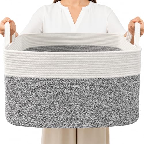 65L Laundry Basket with Handles, Woven Blanket Basket, White/Grey by HZFTJOY