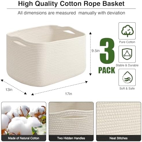 ICERZCZ Large Storage Baskets for Organizing Shelves, Woven Cotton Rope Bins for Baby Nursery Organization, Book Toy Towel Organizer, 17"x13"x9.5", 3 Packs, Off White - Image 3