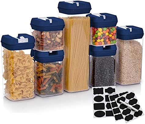 Set of 7 Airtight Food Storage Containers - Pantry Organizer Bins, BPA Free Plastic Containers plus Dry Erase Marker and Labels, Navy Blue by Alphx+Innovations