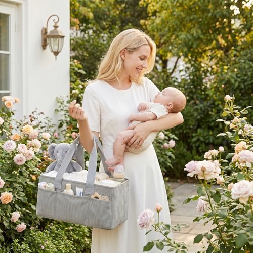 Baby Diaper Caddy Organizer with Portable Changing Mat-Portable Baby Organizers and Storage, Gift for Baby Shower, Corduroy Baby Essentials Organizer with Removable Dividers (Gray) - Image 6