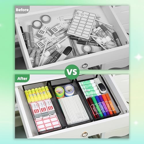 Mesh Tray Silverware Drawer Organizer, Utensil Cutlery Tray Office Supplies with Interlocking Arm Drawer Dividers Organizer for Flatware, Knives,Home,Office, School,Bedroom 12X6'' Black - Image 4