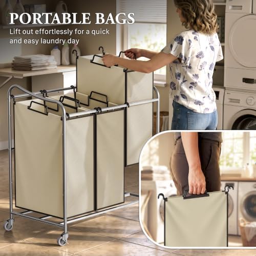 Simple Houseware Heavy Duty 3-Bag Laundry Sorter Rolling Cart, Chrome - Image 6