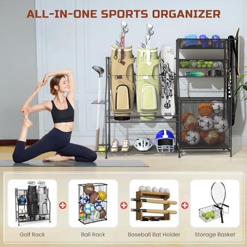 Garage Sports Equipment Organizer,3 Golf Bags Storage Stand,Heavy-Duty Ball Storage Rack with Basket and Hooks,Space-Saving Design for Toy Sports Gear Storage Indoor/Outdoor Use - Image 2