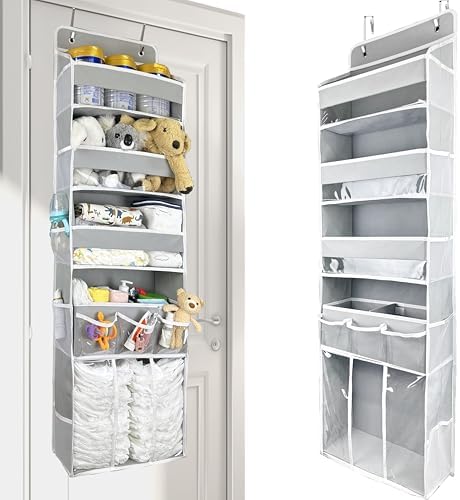 Door Hanging Storage Organizer,with 3 Bins 1 Movable Baby Diaper Caddy,1 Large capacity diaper stacking storage Organizer,10 Side Pockets ,Bedroom Door Storage for Nursery Baby Essentials.Grey 1 Pack. - Image 4