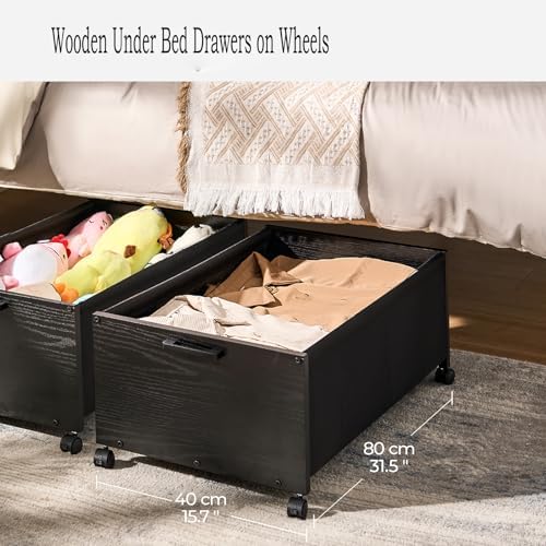 FOUCSSOMEI Under Bed Storage with Wheels, Wooden Under Bed Drawers On Wheels, Rolling Under Bed Shoe Storage, Space Saving, Black,Quadruple Size,90L - Image 2