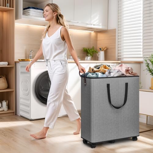 SpaceTrove Rolling Laundry Basket with Wheels, Laundry Hamper, 155L, Grey - Image 6