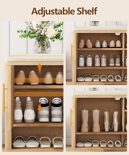 Fluted Shoe Storage Bench, Entryway Bench with Adjustable Shelves - Image 4