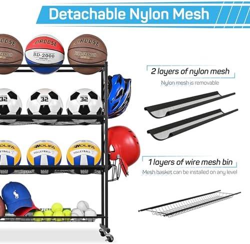 4-Tier Basketball Rack with Wheels, Ball Storage Organizer for Garage - Image 4